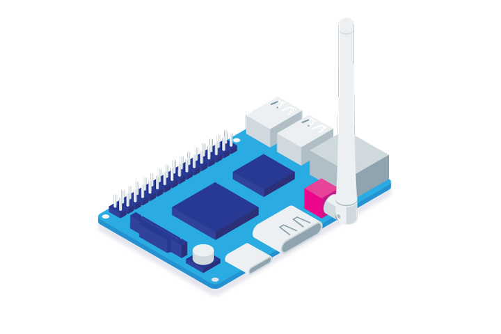 Illustration of a single-board computer with various inputs, outputs, and an antenna